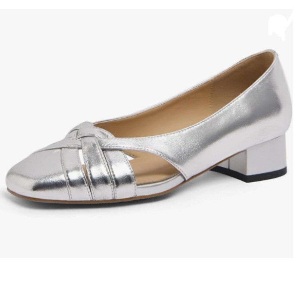 Maiyang Silver Square Toe Cutout Slip on Pumps Low Block Heel Classic Dress Shoe